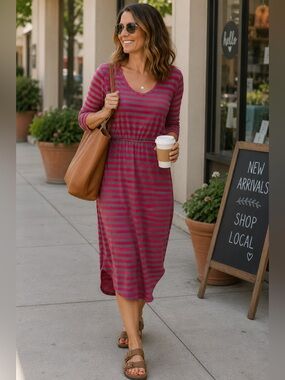 NWT Horny Toad Striped Midi Dress Small Pink Gray Organic Cotton Blend